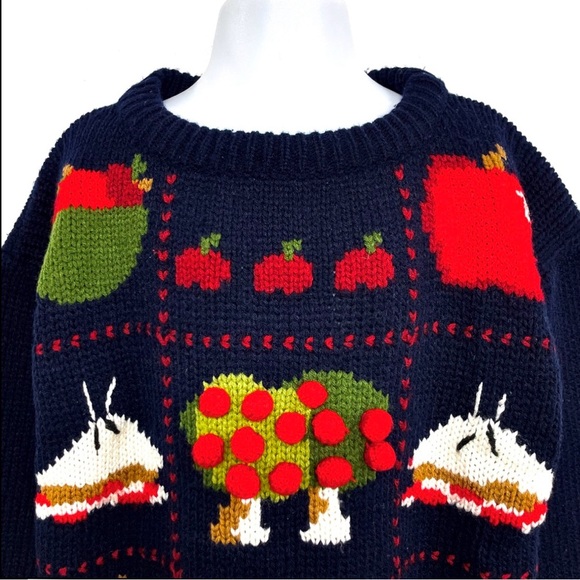 Eagles Eye Vintage 90s Kids Hand Knit A Is For Apple Navy Folk Art Sweater 6/6X - Picture 2 of 10